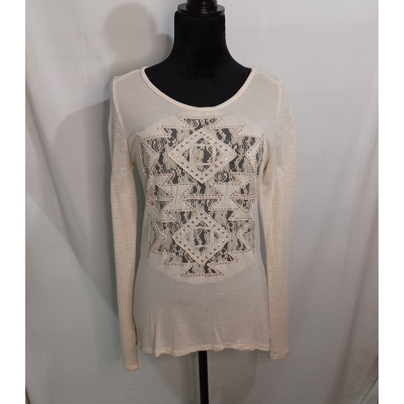 Daytrip Tops - Women's Daytrip Beige Lightweight Sheer Studded Lace Long Sleeve Blouse Size Med